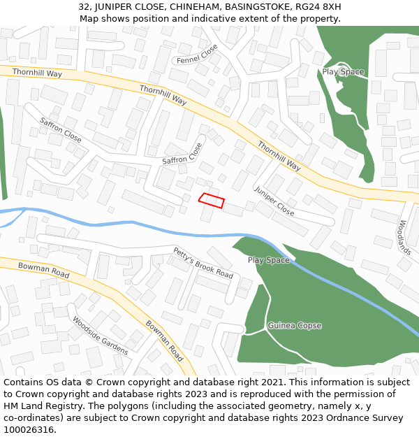 32, JUNIPER CLOSE, CHINEHAM, BASINGSTOKE, RG24 8XH: Location map and indicative extent of plot