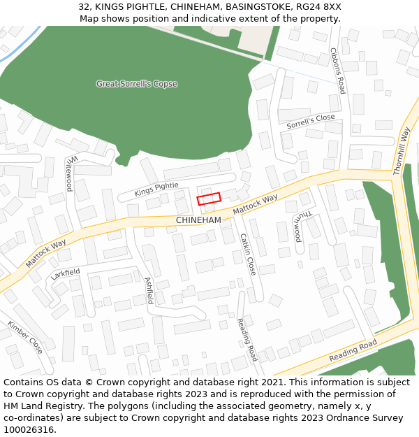 32, KINGS PIGHTLE, CHINEHAM, BASINGSTOKE, RG24 8XX: Location map and indicative extent of plot