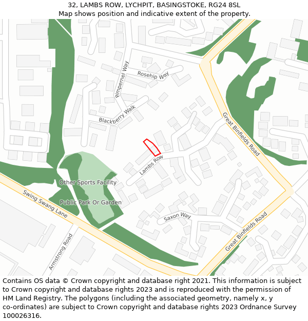 32, LAMBS ROW, LYCHPIT, BASINGSTOKE, RG24 8SL: Location map and indicative extent of plot