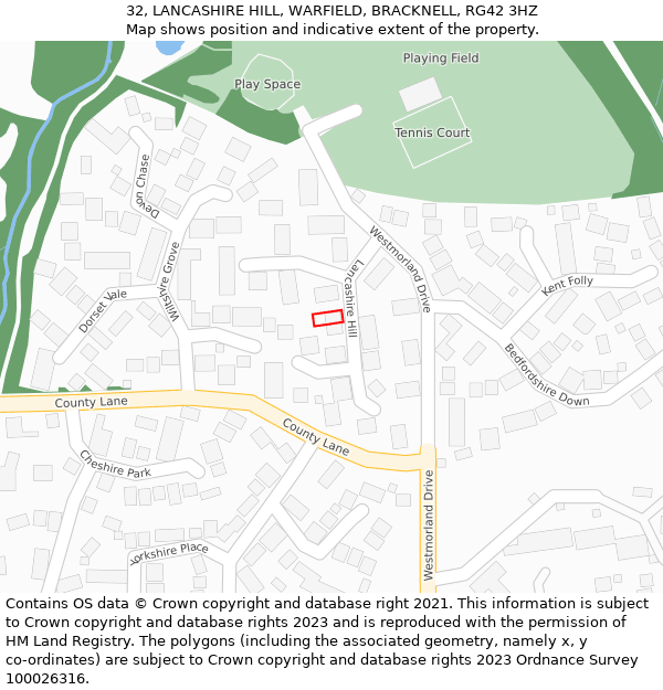 32, LANCASHIRE HILL, WARFIELD, BRACKNELL, RG42 3HZ: Location map and indicative extent of plot