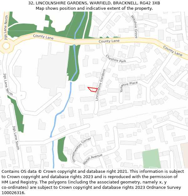 32, LINCOLNSHIRE GARDENS, WARFIELD, BRACKNELL, RG42 3XB: Location map and indicative extent of plot