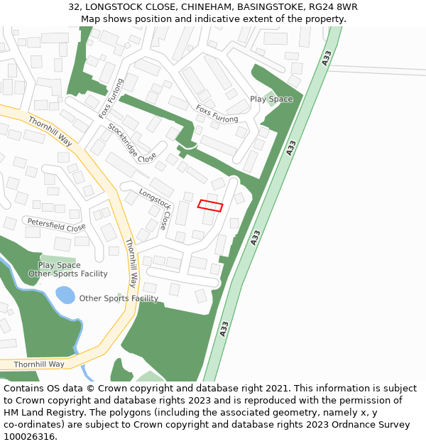 32, LONGSTOCK CLOSE, CHINEHAM, BASINGSTOKE, RG24 8WR: Location map and indicative extent of plot