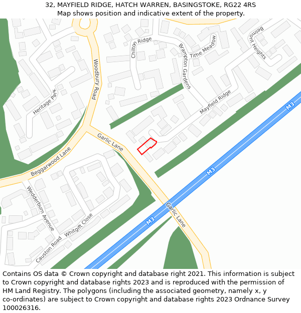 32, MAYFIELD RIDGE, HATCH WARREN, BASINGSTOKE, RG22 4RS: Location map and indicative extent of plot