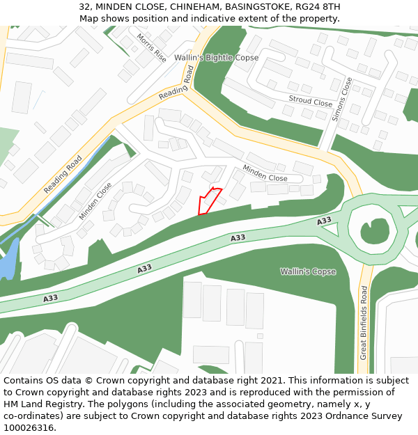 32, MINDEN CLOSE, CHINEHAM, BASINGSTOKE, RG24 8TH: Location map and indicative extent of plot