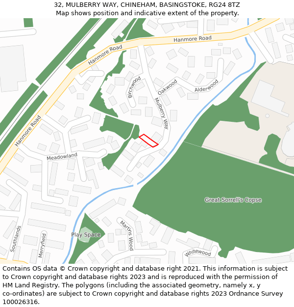 32, MULBERRY WAY, CHINEHAM, BASINGSTOKE, RG24 8TZ: Location map and indicative extent of plot