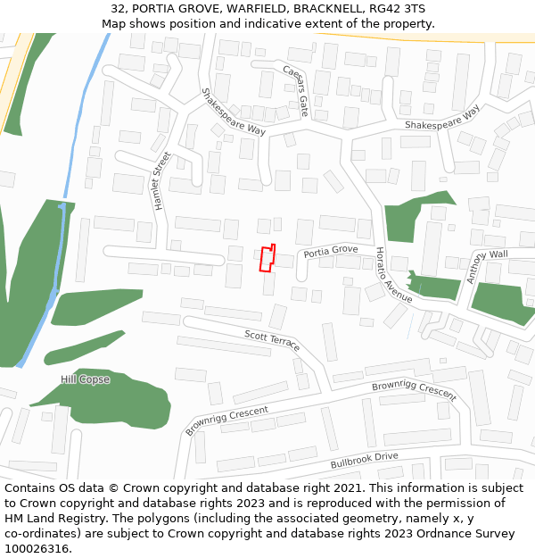 32, PORTIA GROVE, WARFIELD, BRACKNELL, RG42 3TS: Location map and indicative extent of plot