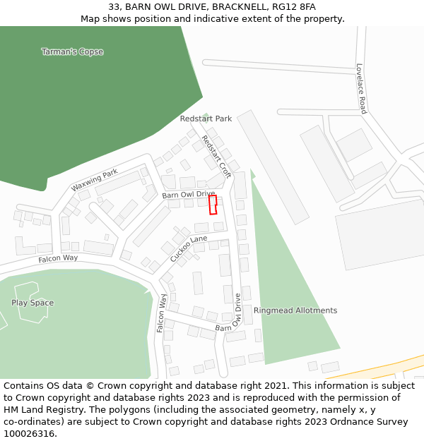 33, BARN OWL DRIVE, BRACKNELL, RG12 8FA: Location map and indicative extent of plot