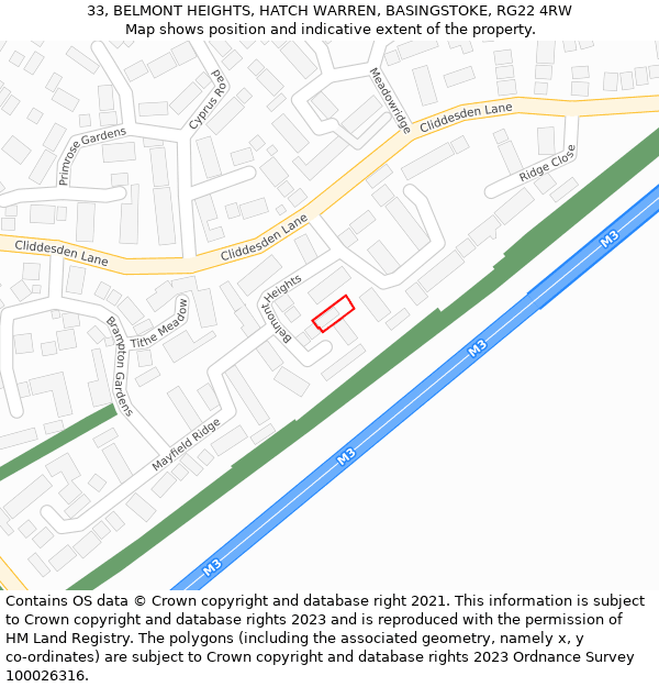 33, BELMONT HEIGHTS, HATCH WARREN, BASINGSTOKE, RG22 4RW: Location map and indicative extent of plot