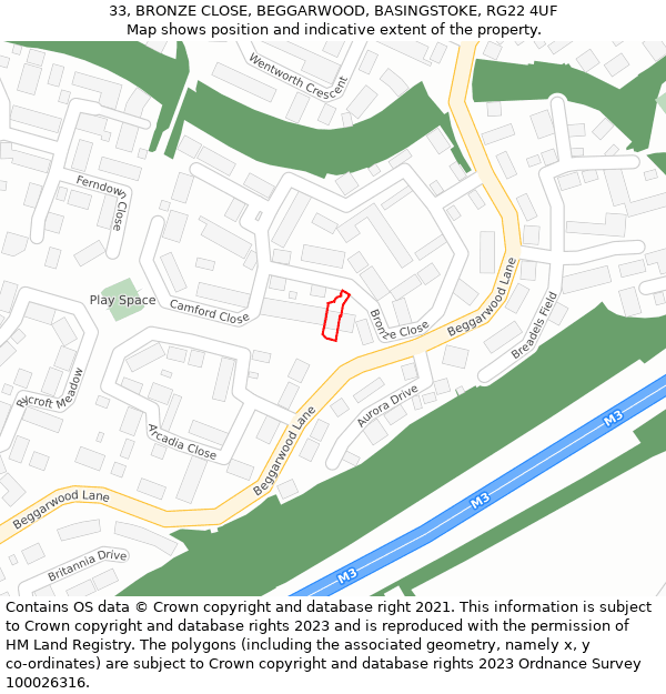 33, BRONZE CLOSE, BEGGARWOOD, BASINGSTOKE, RG22 4UF: Location map and indicative extent of plot