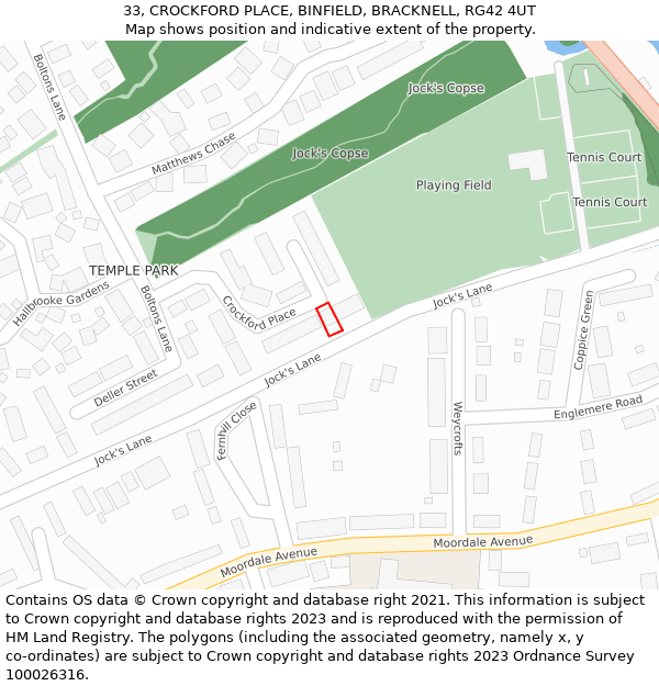 33, CROCKFORD PLACE, BINFIELD, BRACKNELL, RG42 4UT: Location map and indicative extent of plot