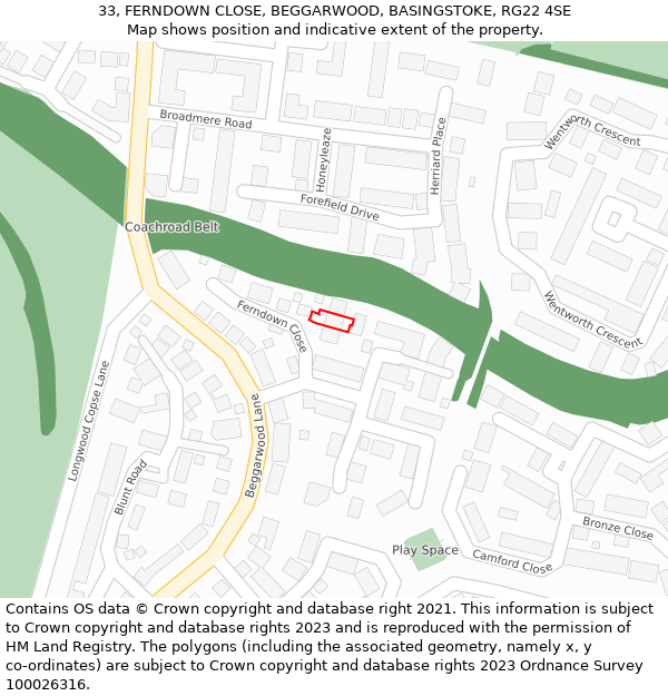 33, FERNDOWN CLOSE, BEGGARWOOD, BASINGSTOKE, RG22 4SE: Location map and indicative extent of plot