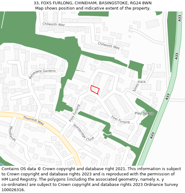 33, FOXS FURLONG, CHINEHAM, BASINGSTOKE, RG24 8WN: Location map and indicative extent of plot