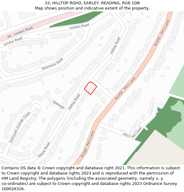 33, HILLTOP ROAD, EARLEY, READING, RG6 1DB: Location map and indicative extent of plot