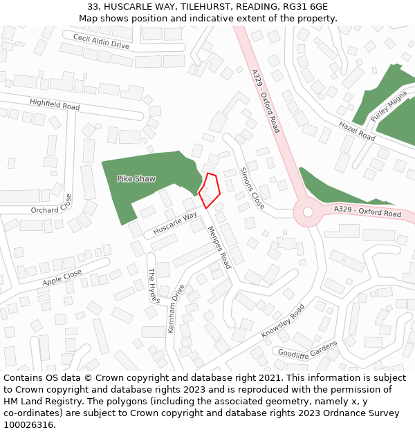 33, HUSCARLE WAY, TILEHURST, READING, RG31 6GE: Location map and indicative extent of plot