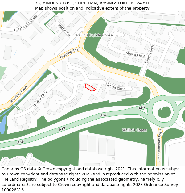 33, MINDEN CLOSE, CHINEHAM, BASINGSTOKE, RG24 8TH: Location map and indicative extent of plot