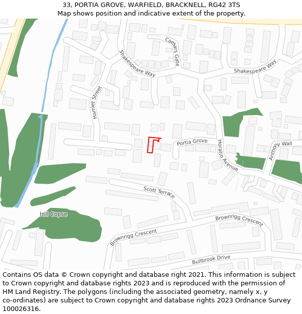 33, PORTIA GROVE, WARFIELD, BRACKNELL, RG42 3TS: Location map and indicative extent of plot