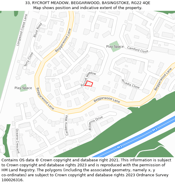 33, RYCROFT MEADOW, BEGGARWOOD, BASINGSTOKE, RG22 4QE: Location map and indicative extent of plot