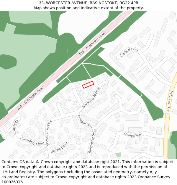 33, WORCESTER AVENUE, BASINGSTOKE, RG22 4PR: Location map and indicative extent of plot