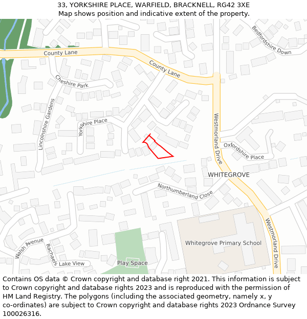 33, YORKSHIRE PLACE, WARFIELD, BRACKNELL, RG42 3XE: Location map and indicative extent of plot