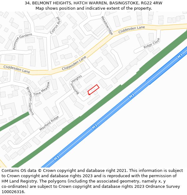 34, BELMONT HEIGHTS, HATCH WARREN, BASINGSTOKE, RG22 4RW: Location map and indicative extent of plot