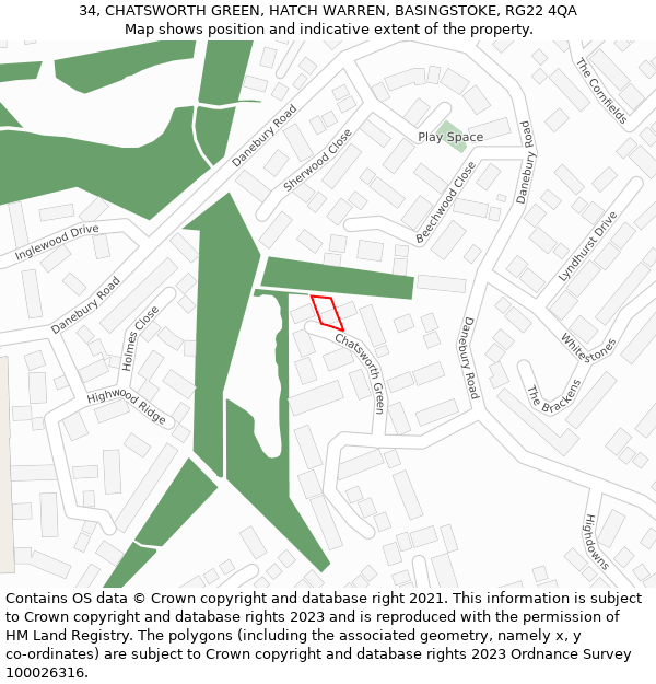 34, CHATSWORTH GREEN, HATCH WARREN, BASINGSTOKE, RG22 4QA: Location map and indicative extent of plot