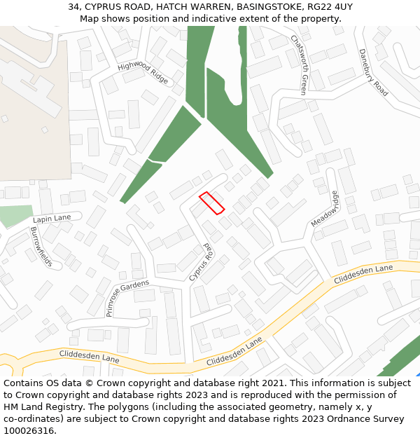 34, CYPRUS ROAD, HATCH WARREN, BASINGSTOKE, RG22 4UY: Location map and indicative extent of plot