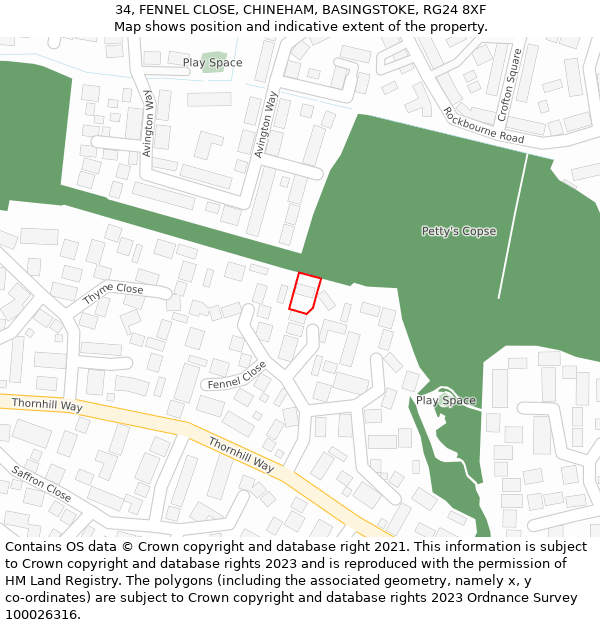 34, FENNEL CLOSE, CHINEHAM, BASINGSTOKE, RG24 8XF: Location map and indicative extent of plot