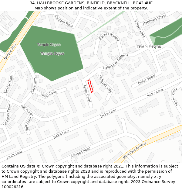 34, HALLBROOKE GARDENS, BINFIELD, BRACKNELL, RG42 4UE: Location map and indicative extent of plot