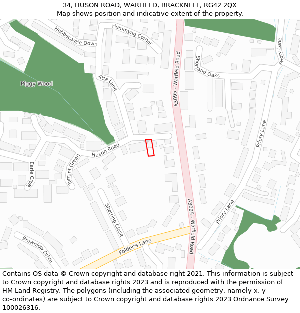 34, HUSON ROAD, WARFIELD, BRACKNELL, RG42 2QX: Location map and indicative extent of plot