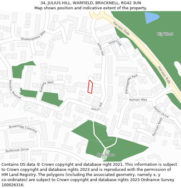 34, JULIUS HILL, WARFIELD, BRACKNELL, RG42 3UN: Location map and indicative extent of plot