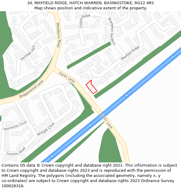 34, MAYFIELD RIDGE, HATCH WARREN, BASINGSTOKE, RG22 4RS: Location map and indicative extent of plot