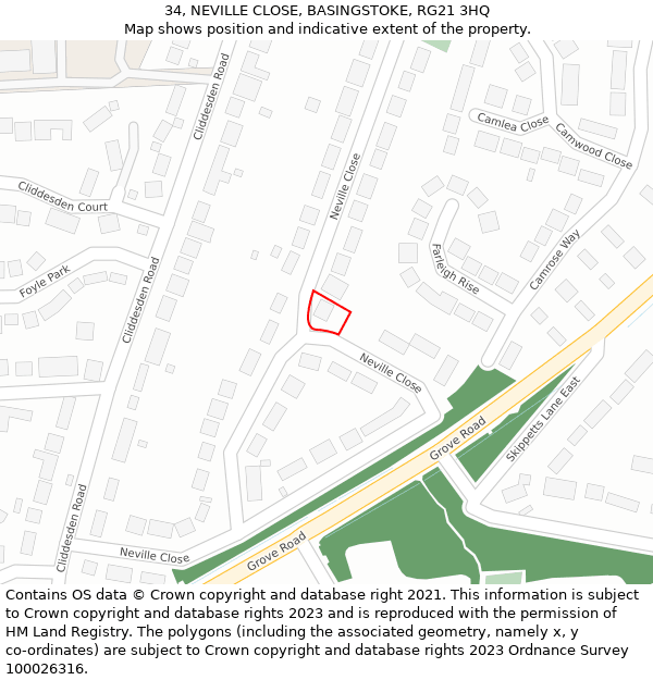 34, NEVILLE CLOSE, BASINGSTOKE, RG21 3HQ: Location map and indicative extent of plot