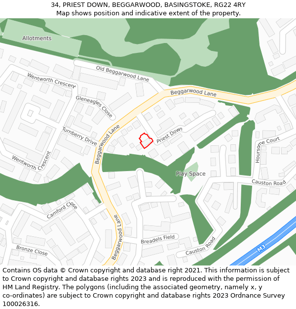 34, PRIEST DOWN, BEGGARWOOD, BASINGSTOKE, RG22 4RY: Location map and indicative extent of plot