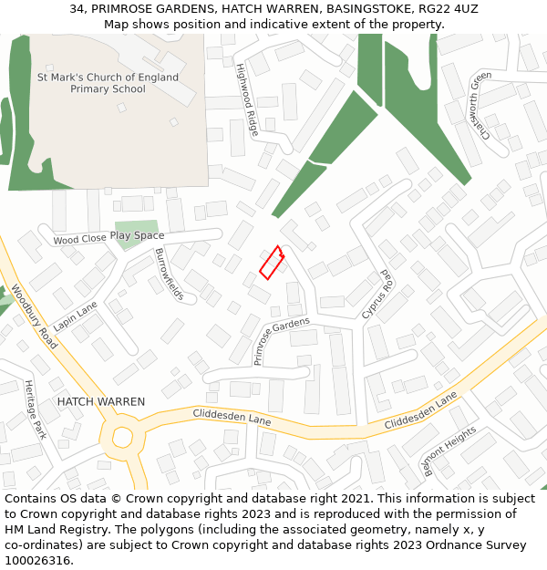 34, PRIMROSE GARDENS, HATCH WARREN, BASINGSTOKE, RG22 4UZ: Location map and indicative extent of plot