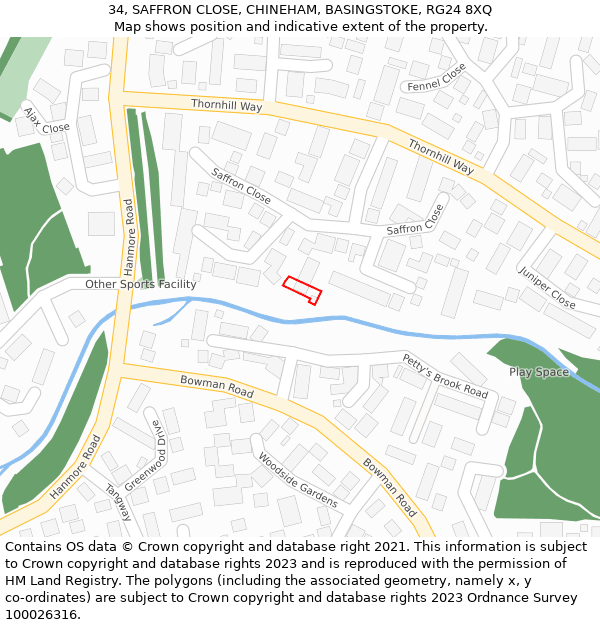 34, SAFFRON CLOSE, CHINEHAM, BASINGSTOKE, RG24 8XQ: Location map and indicative extent of plot