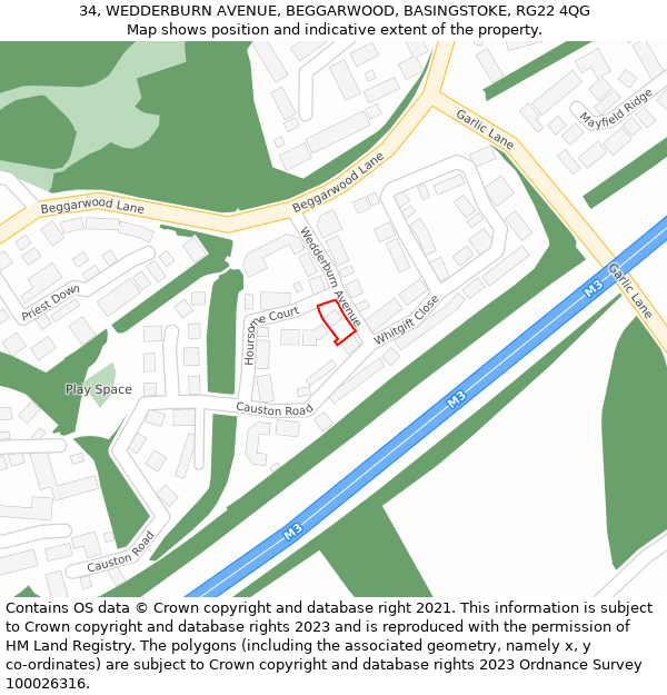 34, WEDDERBURN AVENUE, BEGGARWOOD, BASINGSTOKE, RG22 4QG: Location map and indicative extent of plot