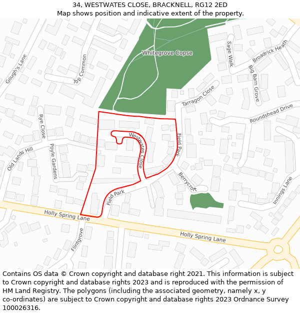 34, WESTWATES CLOSE, BRACKNELL, RG12 2ED: Location map and indicative extent of plot