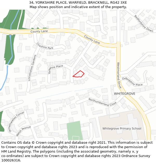 34, YORKSHIRE PLACE, WARFIELD, BRACKNELL, RG42 3XE: Location map and indicative extent of plot