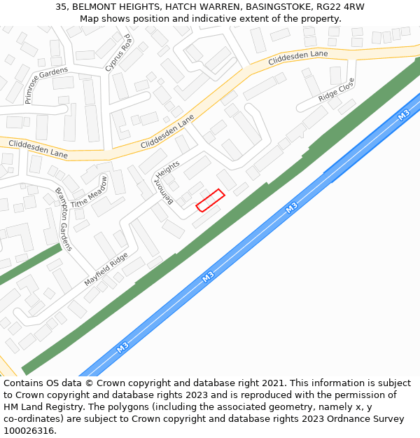 35, BELMONT HEIGHTS, HATCH WARREN, BASINGSTOKE, RG22 4RW: Location map and indicative extent of plot