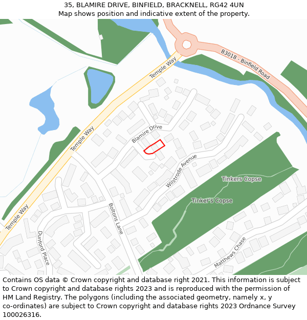 35, BLAMIRE DRIVE, BINFIELD, BRACKNELL, RG42 4UN: Location map and indicative extent of plot