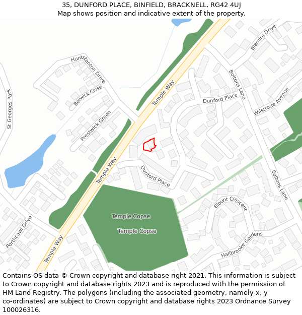 35, DUNFORD PLACE, BINFIELD, BRACKNELL, RG42 4UJ: Location map and indicative extent of plot