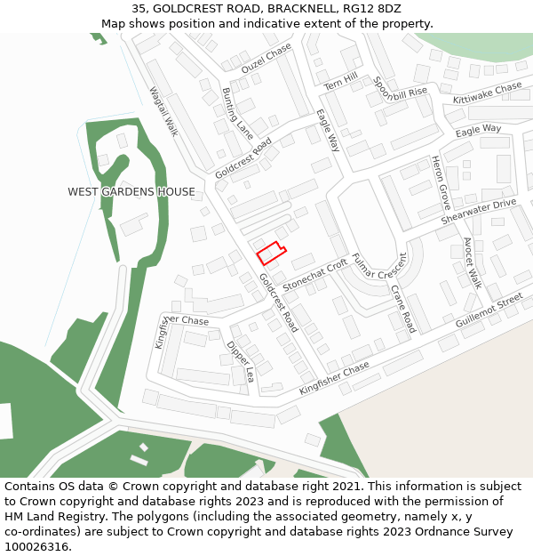 35, GOLDCREST ROAD, BRACKNELL, RG12 8DZ: Location map and indicative extent of plot