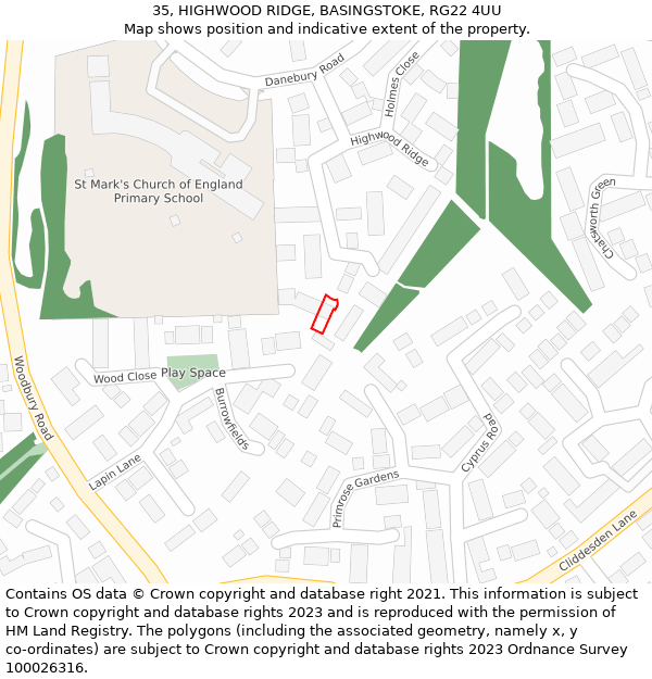 35, HIGHWOOD RIDGE, BASINGSTOKE, RG22 4UU: Location map and indicative extent of plot