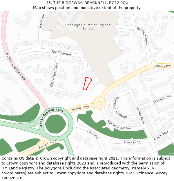 35, THE RIDGEWAY, BRACKNELL, RG12 9QU: Location map and indicative extent of plot