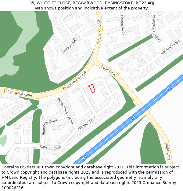 35, WHITGIFT CLOSE, BEGGARWOOD, BASINGSTOKE, RG22 4QJ: Location map and indicative extent of plot