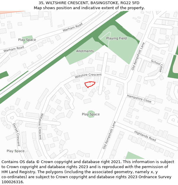 35, WILTSHIRE CRESCENT, BASINGSTOKE, RG22 5FD: Location map and indicative extent of plot