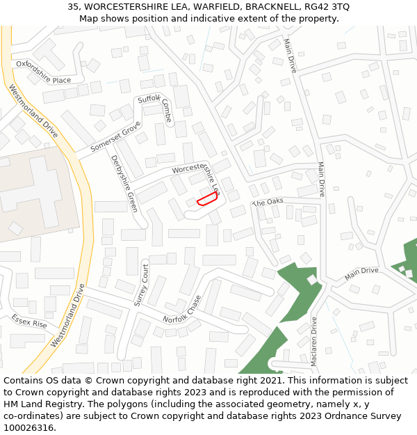 35, WORCESTERSHIRE LEA, WARFIELD, BRACKNELL, RG42 3TQ: Location map and indicative extent of plot