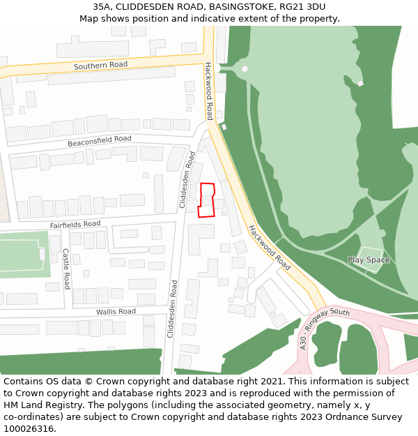 35A, CLIDDESDEN ROAD, BASINGSTOKE, RG21 3DU: Location map and indicative extent of plot