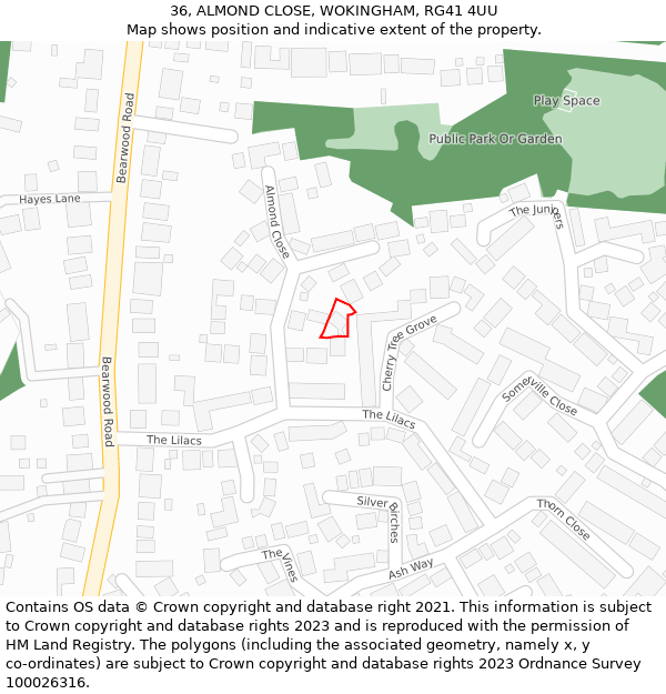36, ALMOND CLOSE, WOKINGHAM, RG41 4UU: Location map and indicative extent of plot