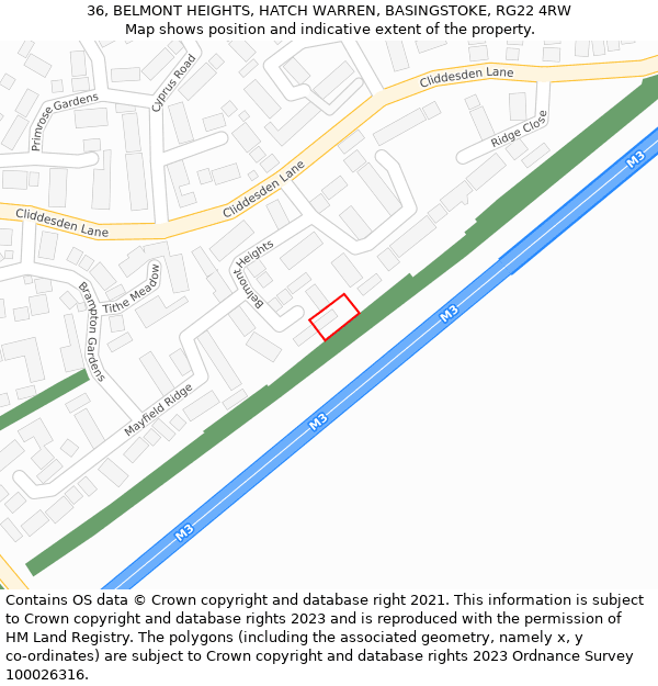 36, BELMONT HEIGHTS, HATCH WARREN, BASINGSTOKE, RG22 4RW: Location map and indicative extent of plot